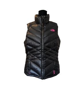 The North Face Black Puffer Vest with Pink Logo Accents